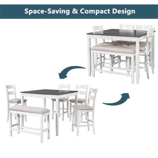 Wooden 6-piece dining table with storage drawers， counter height square kitchen with upholstered chairs and benches