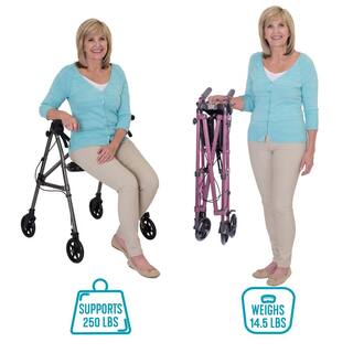 Stander Space Saver Short Lightweight Junior Folding 4-Wheel Walker Rollator for Seniors in Regal Rose 4230-RR