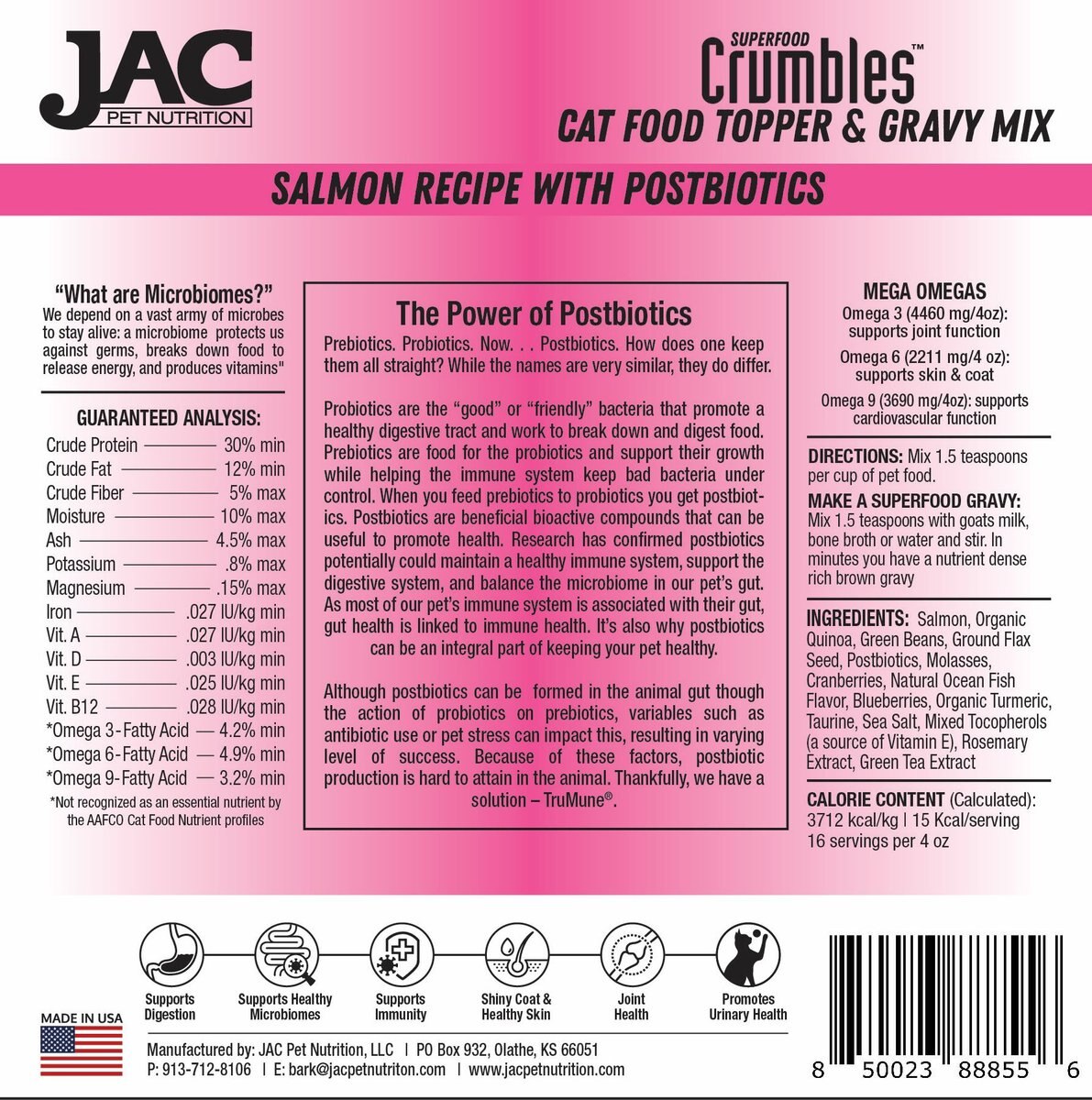 JAC Pet Nutrition Air-Dried Salmon Superfood Crumbles Grain-Free Cat Food Topper， 4-oz bag