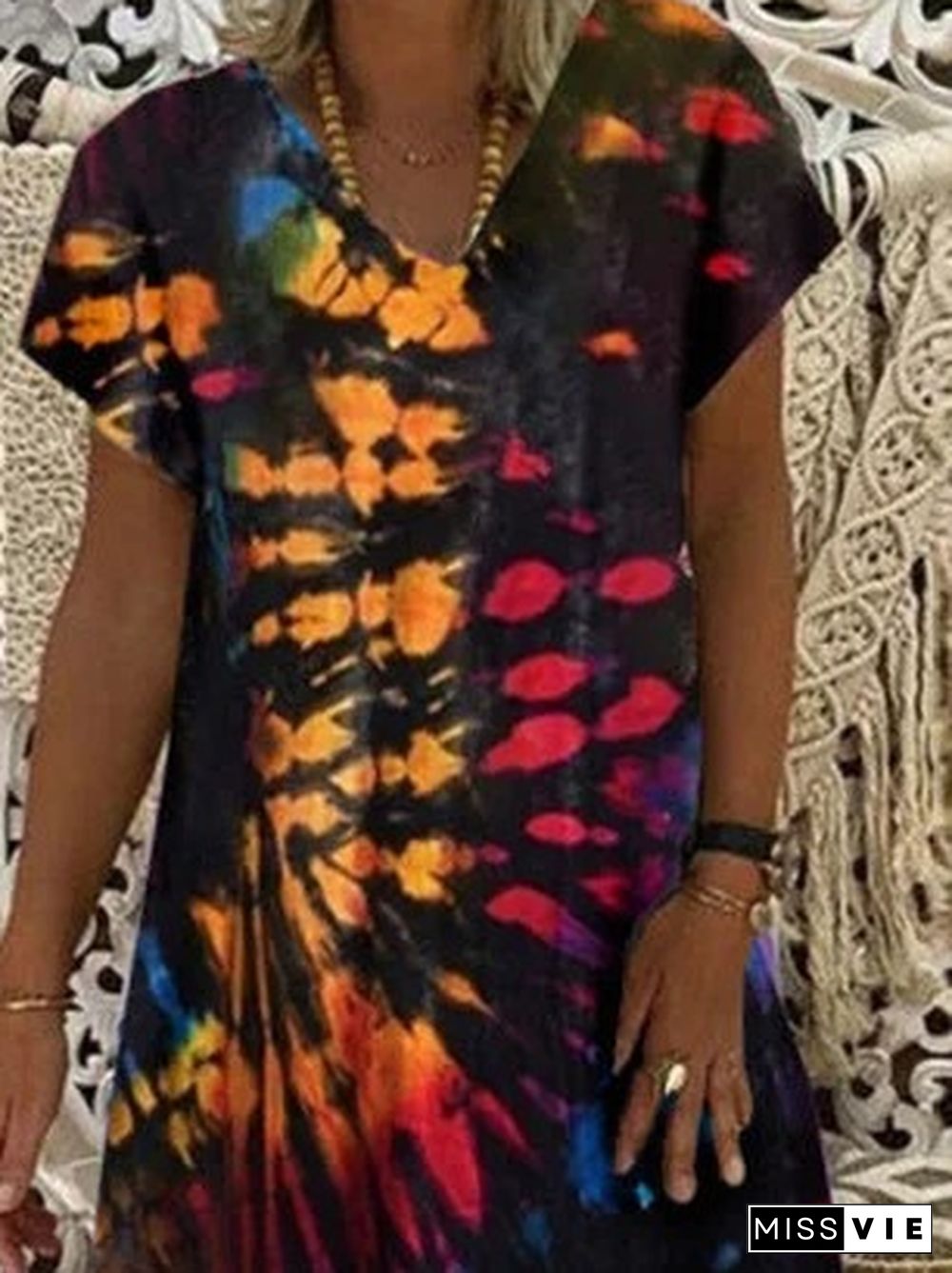 Loose Tie Dyed Printed Women's V-neck Short Sleeved Dress