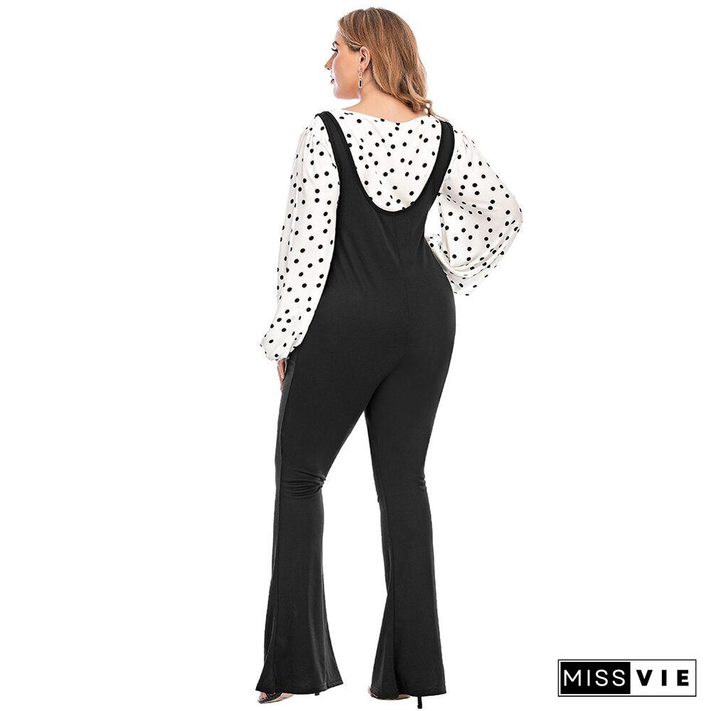 Sale Women Two Piece Set Puff Sleeve Crop Tops Bib Pants Polka Dot Shirts Elegant Clothing Bell Bottom Pant 6Xl Plus Size D30