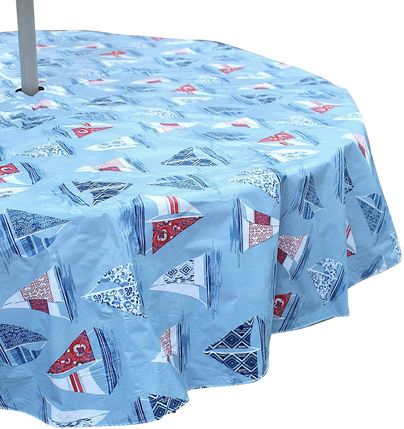 Outdoor Summer Decorative Sails Coastal Sailboats Patio Table Umbrella Vinyl Tablecloth, Umbrella Hole in Center with Zipper, Blue Navy Red White, 52" x 70" Inch Rectangle