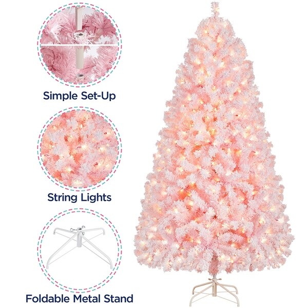 Yaheetech Prelit Flocked Artificial Christmas Tree Snow Frosted Christmas Tree，Pink