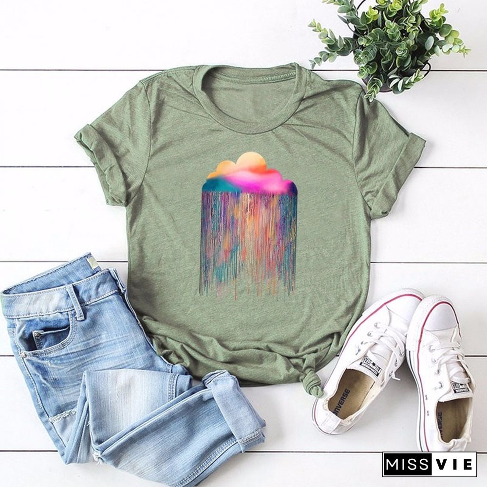 JCGO Summer Cotton Women T Shirt S-5XL Versatile Colorful Cloud Print Short Sleeve Tees Tops Casual Simple O-Neck Female TShirts