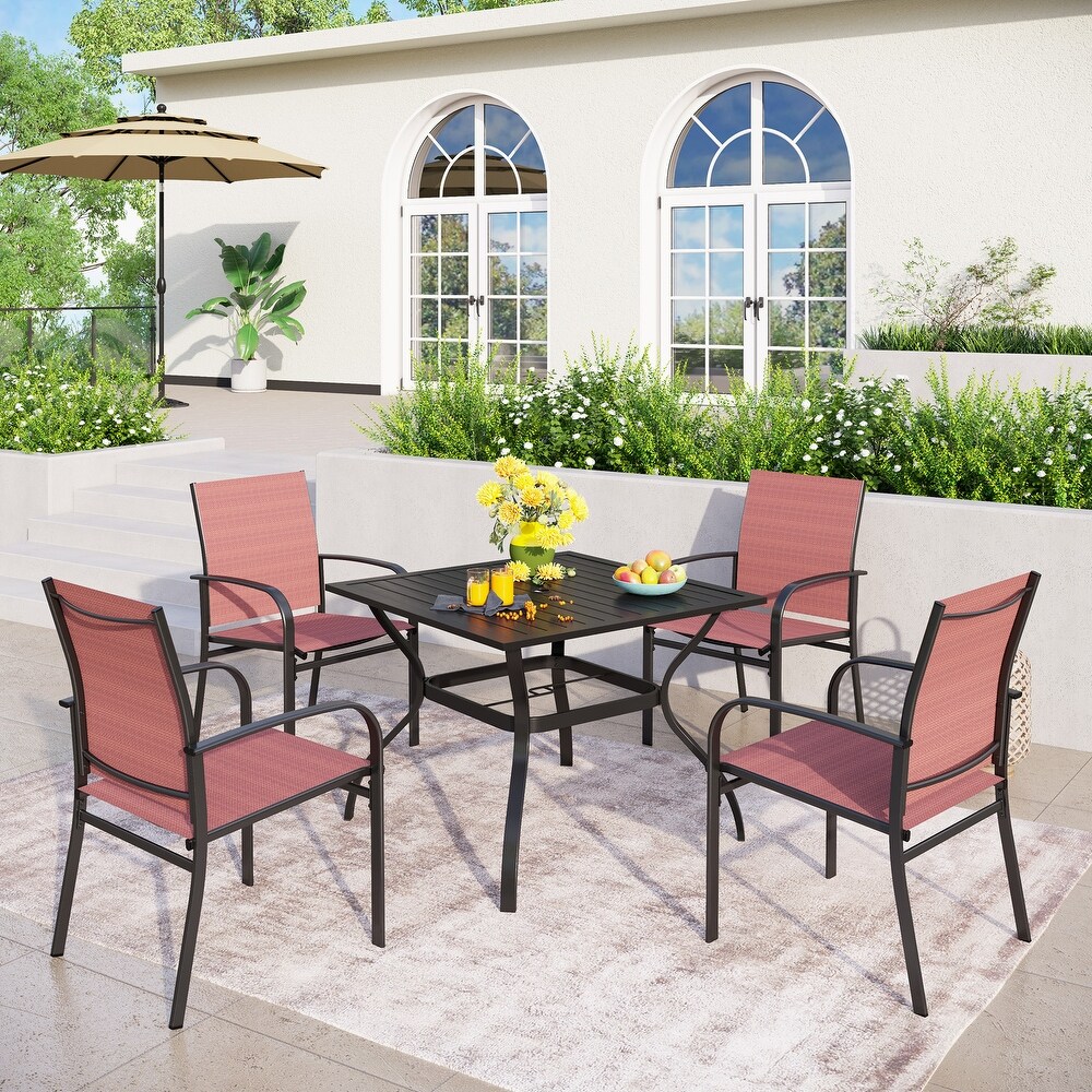 5 Piece Patio Dining Set  37 Inch Square Metal Table and 4 Textilene Dining Chairs