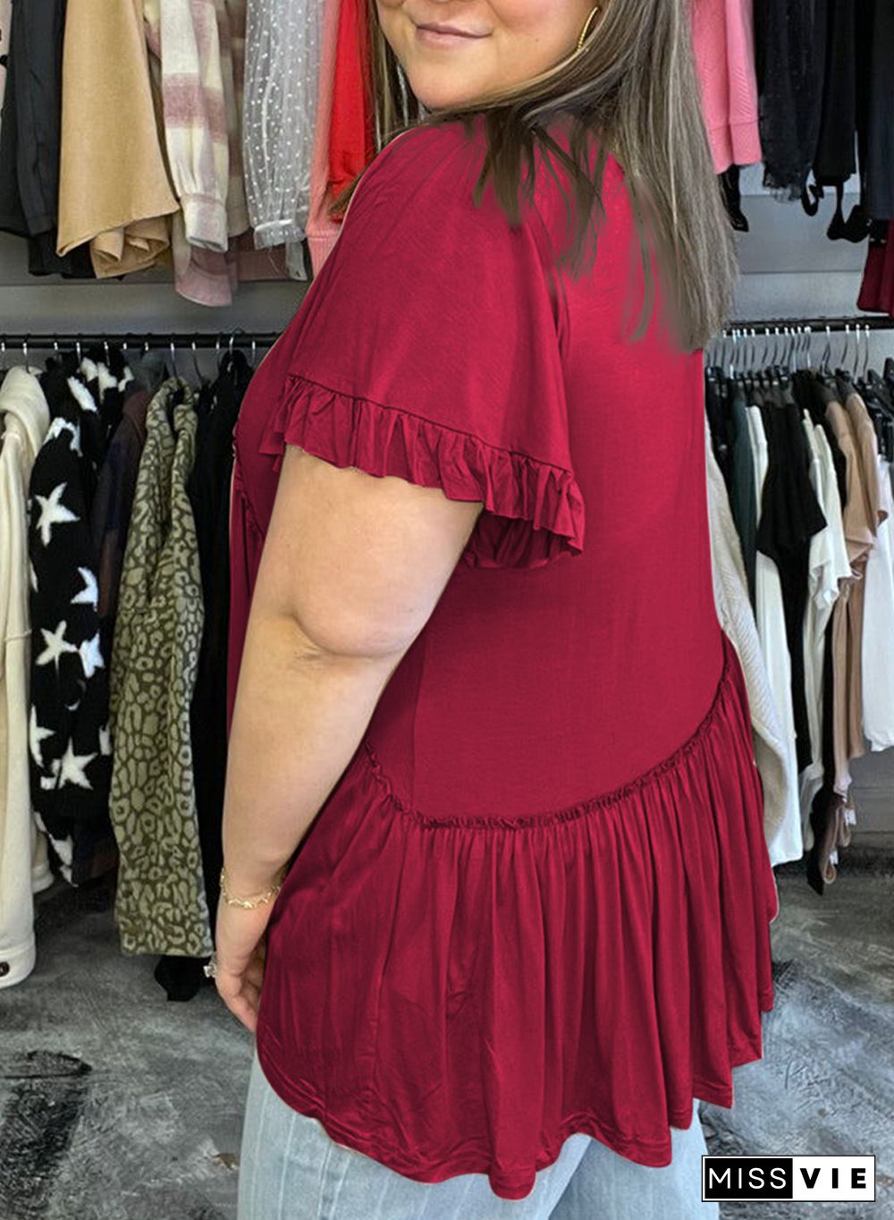 Red Plus Size V Neck Ruffle Sleeve Peplum Blouse