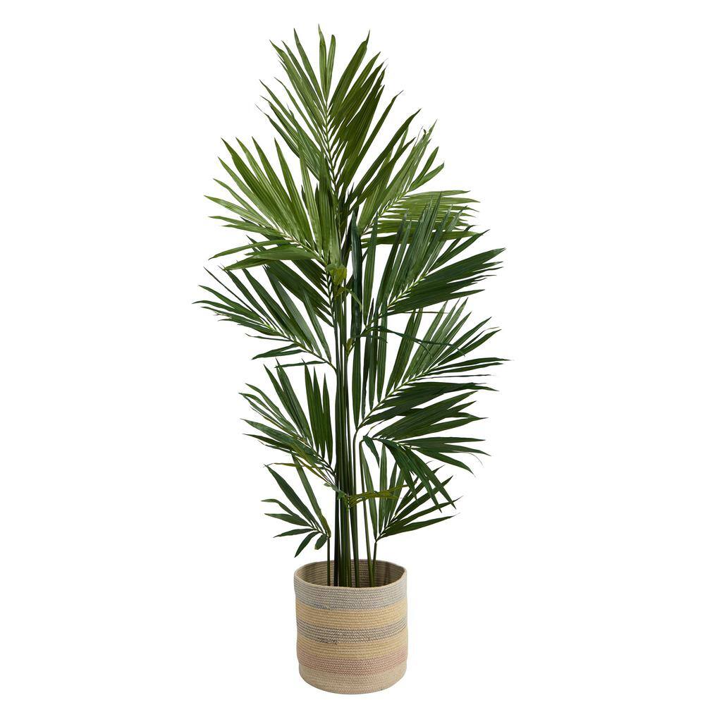 Nearly Natural 7 ft. Green Kentia Artificial Palm in Handmade Natural Cotton Multicolored Woven Planter T2894