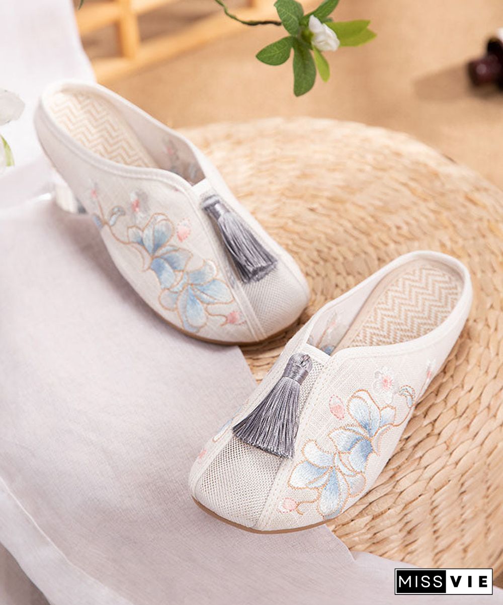 White Flat Slide Sandals Linen Fabric Chic Embroidery Tassel