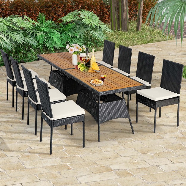 Costway 10 Pcs Patio Rattan Dining Set Rectangular Wood Top Tables Cushioned Chair Garden