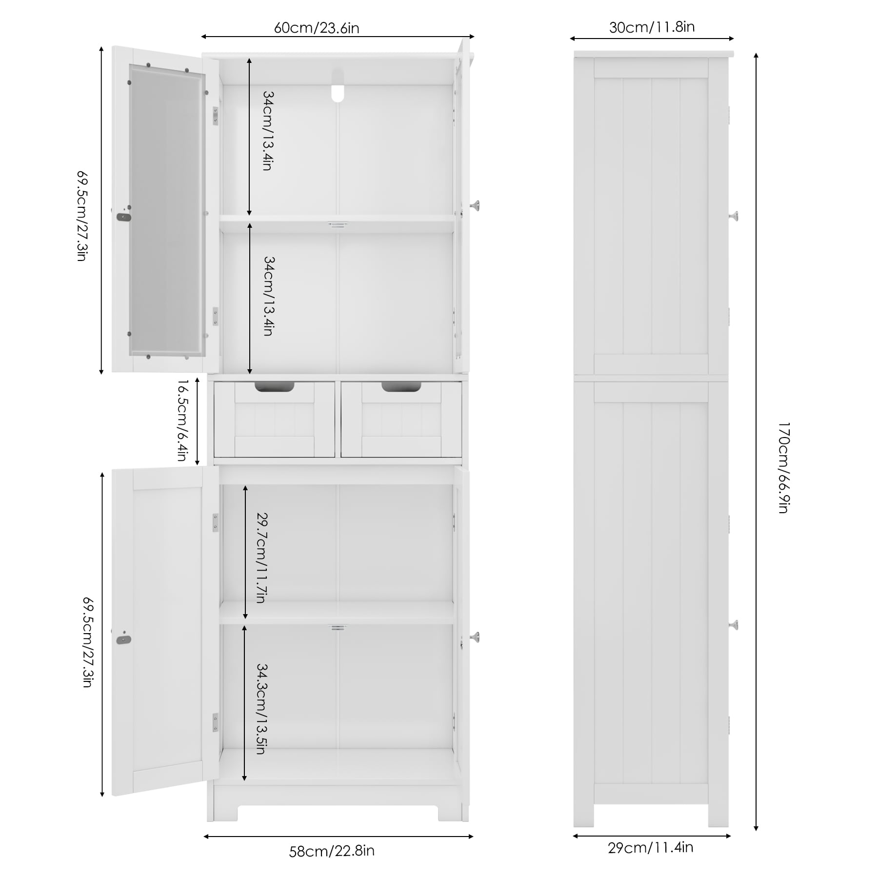 Homfa 4 Doors Linen Storage Cabinet, 3-Tier Wood Tall Cabinet Cupboard with 2 Drawers for Living Room Bathroom, White