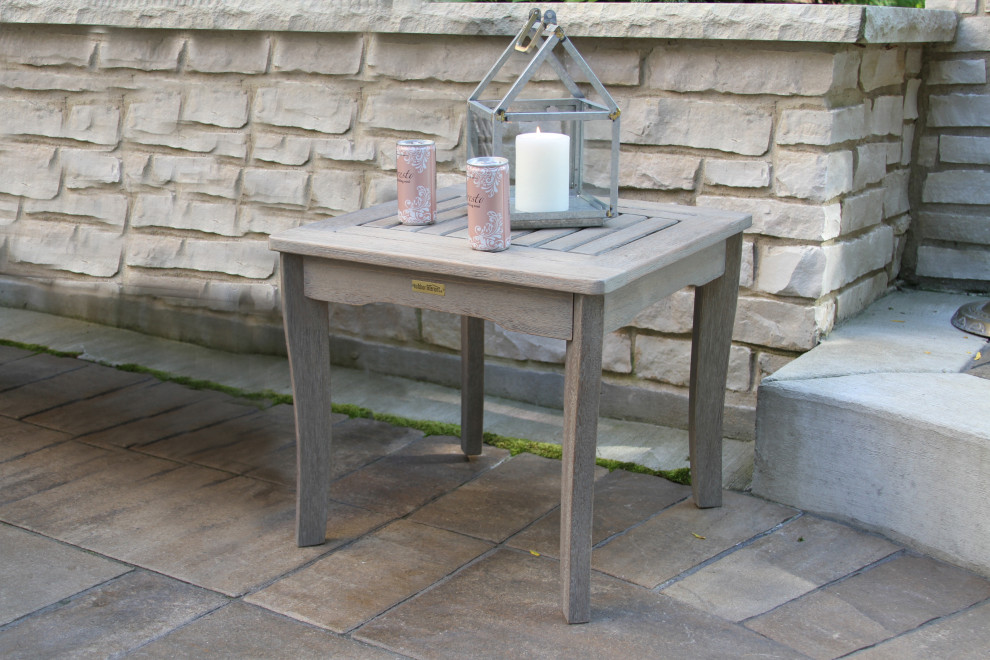 3 Piece Gray Wash Eucalyptus and Sling Rocking Chair Set With Accent Table   Farmhouse   Outdoor Lounge Sets   by Outdoor Interiors  Houzz