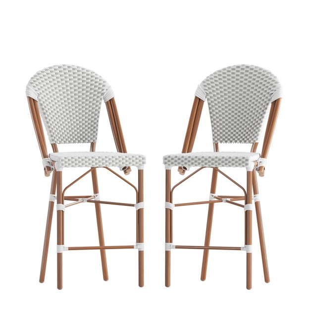 Merrick Lane Set Of Two Indoor outdoor Stacking French Bistro Counter Stools With White And Gray Patterned Seats And Backs amp Bamboo Finished Metal Frames