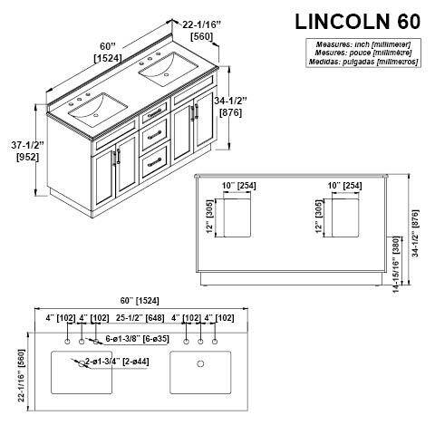 Home Decorators Collection Lincoln 60 in. W x 22 in. D x 34.5 in. H Bath Vanity in White with White Cultured Marble Top Lincoln 60W