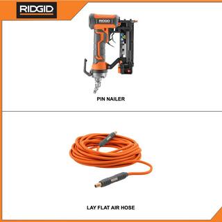 RIDGID Pneumatic 23-Gauge 1-38 in. Headless Pin Nailer with Dry-Fire Lockout with 14 in. 50 ft. Lay Flat Air Hose R138HPF-R5025LF