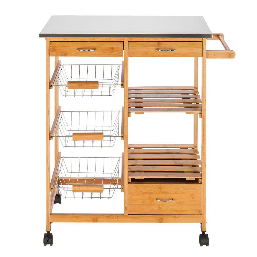 Ktaxon Wood Kitchen Trolley Cart Stainless Steel Top Rolling Storage Cabinet Island