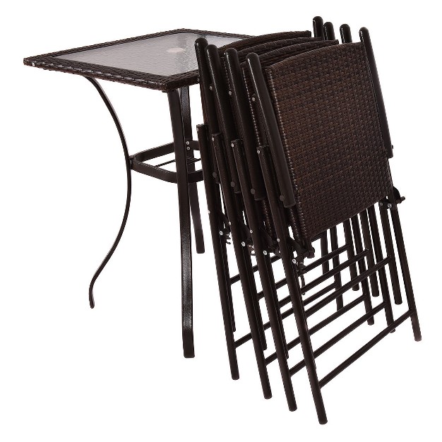 Costway 5pcs Rattan Patio Furniture Set 4 Bar Stool Folding Chair Bar Table W glass Top