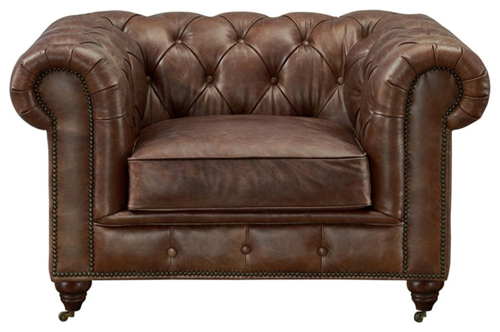 Century Top Grain Leather Chesterfield Arm Chair  Bark Brown Leather   Traditional   Armchairs And Accent Chairs   by Homesquare  Houzz