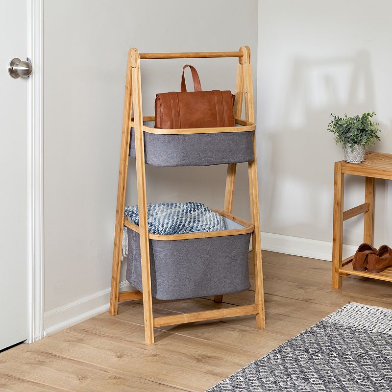 Small Bamboo and Canvas 2-Tier Collapsible A-Frame Shelving Unit