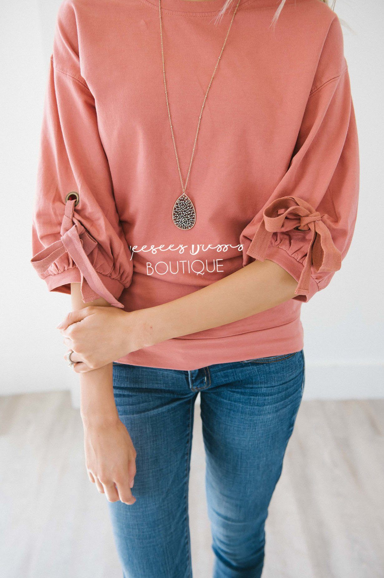 Gathered Tie Sleeve Sweatshirt