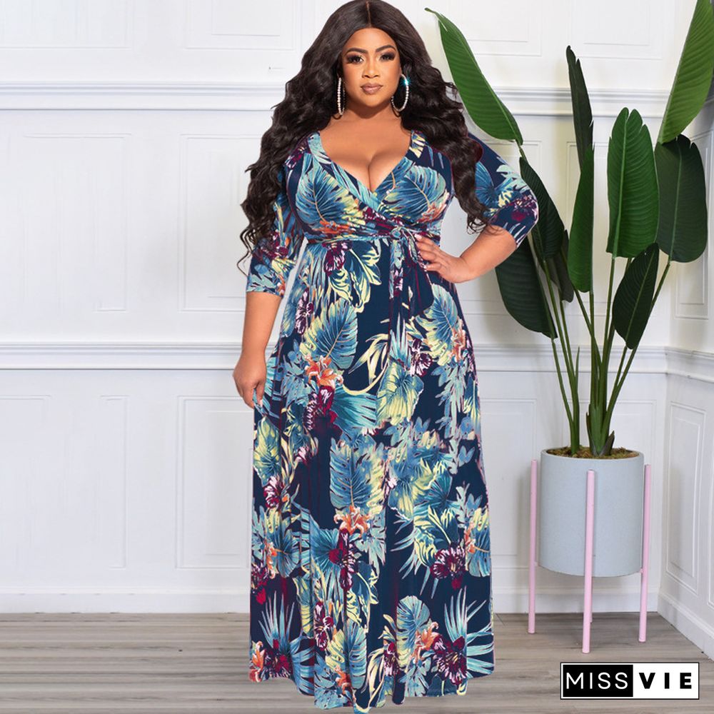 V Neck High Waist Vintage Plus Size Maxi Dress