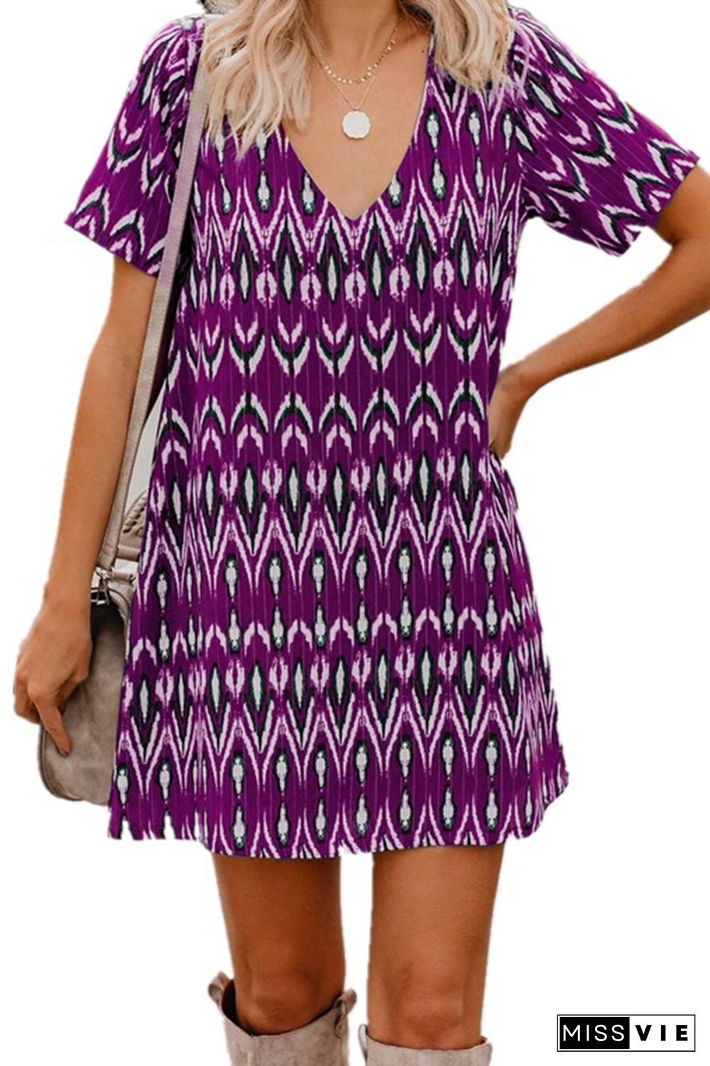 Purple Print V-neck Loose Short Sleeve Dresses