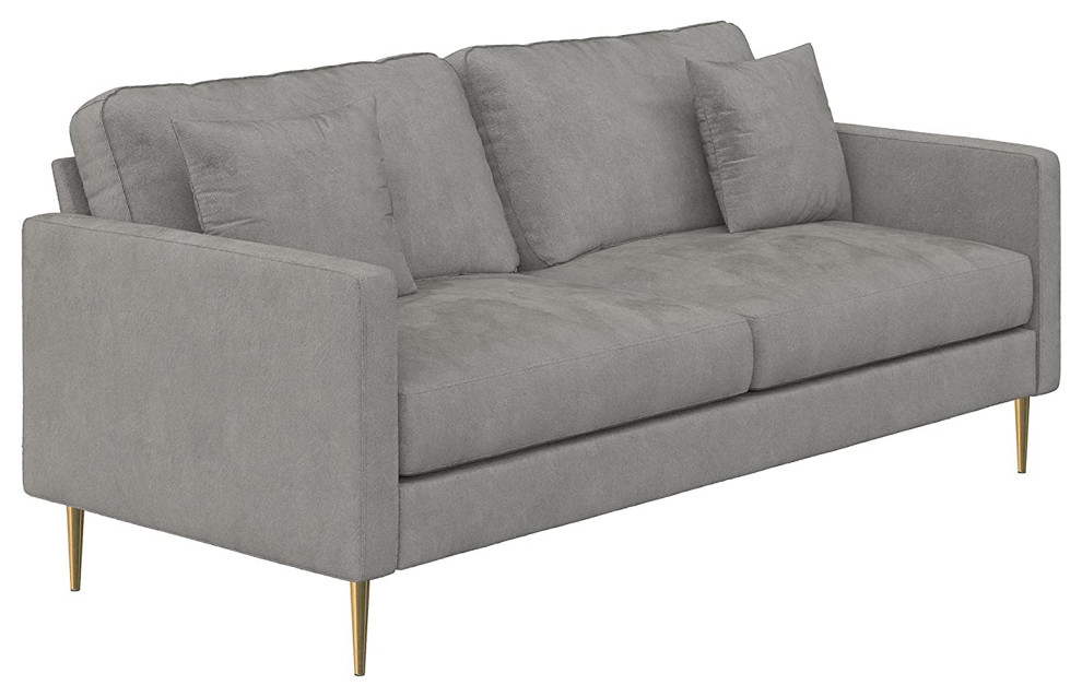 Contemporary Sofa  Gold Metal Legs  ampGray Velvet Upholstered Seat With Pillows   Transitional   Sectional Sofas   by Decorn  Houzz