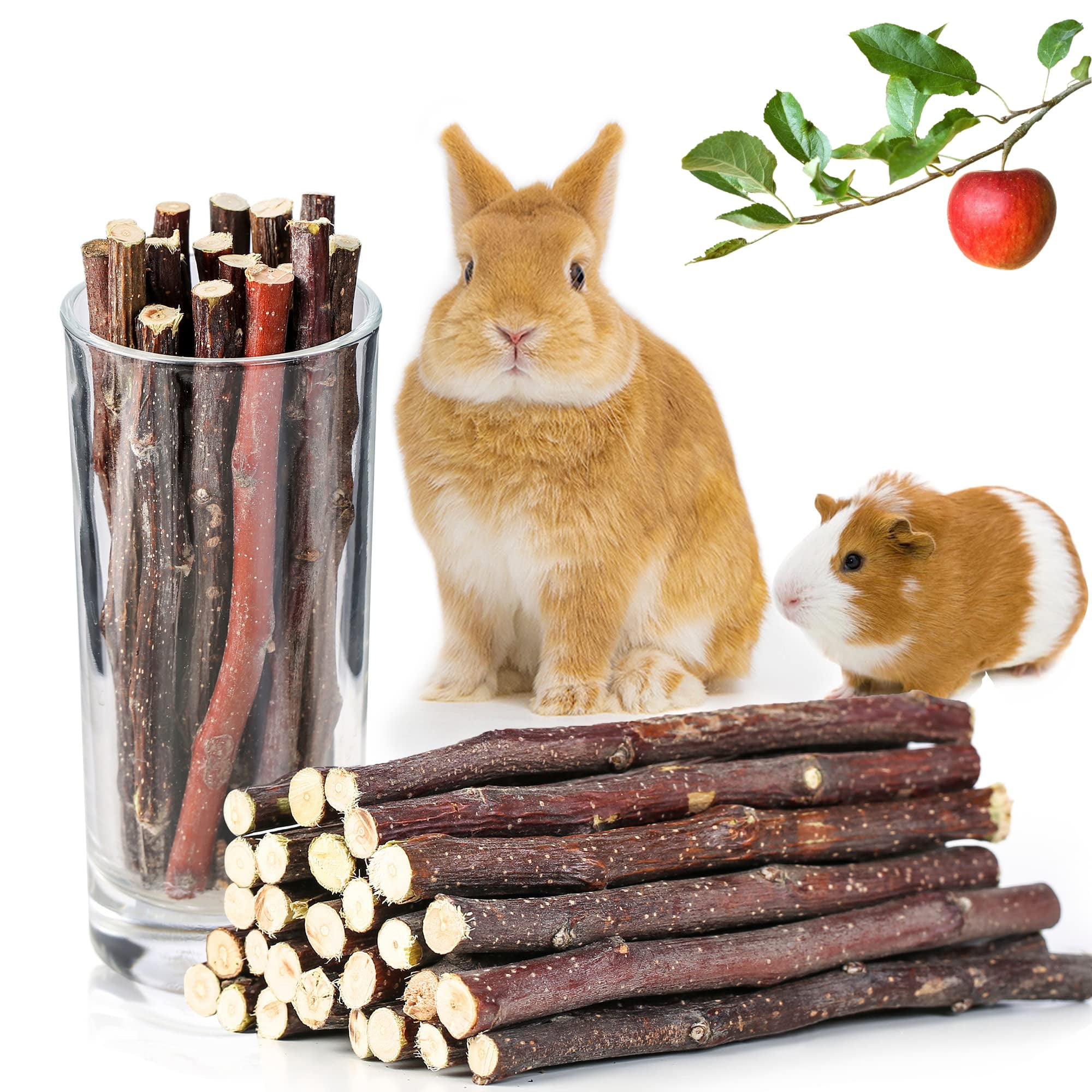 JanYoo Rabbit Treats and Chew Toys for Bunnies Teeth Guinea Pig Apple Sticks Snacks Natural Wood Grinding Chinchilla Hamsters 7oz