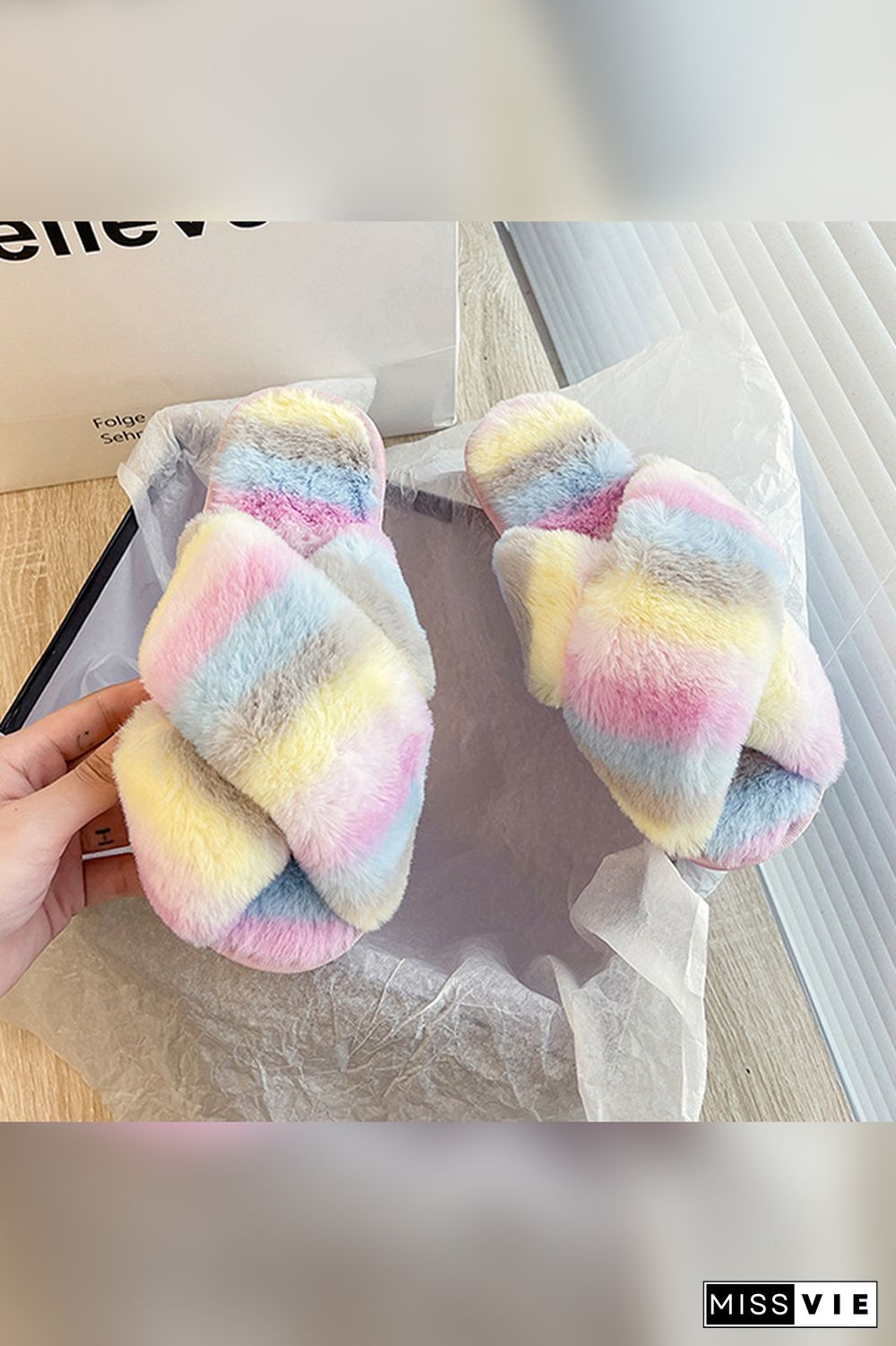 Multicolor Fluffy Criss-cross Home Slippers Wholesale