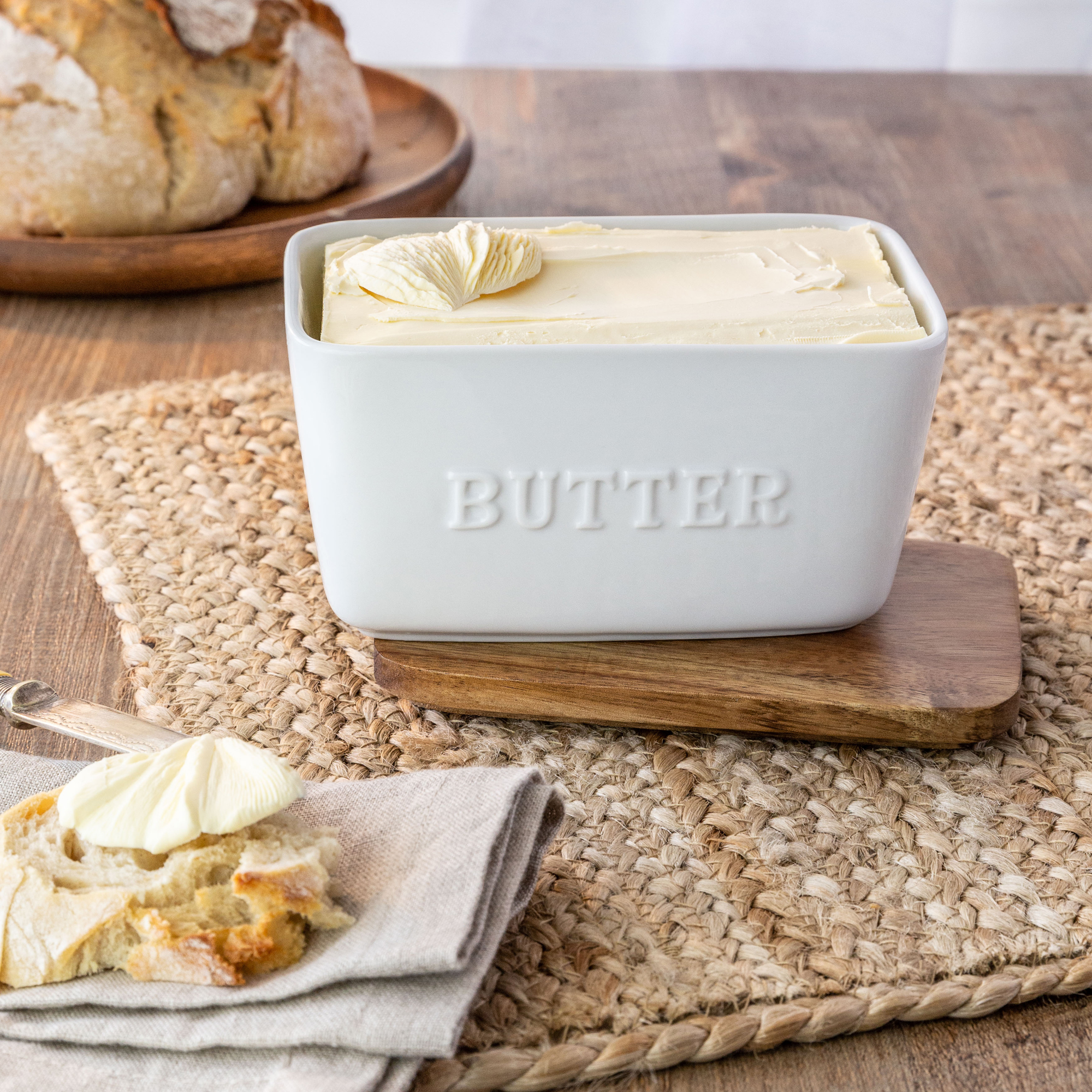 Better Homes and Gardens- White and Acacia Wood Porcelain Embossed Butter Dish