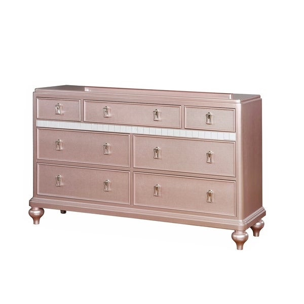 Wooden Dresser with 7 Drawers and Mirror Panel Inserts， Rose Gold - - 30861139