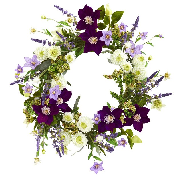 Artificial Mixed Flower Wreath Purple white Nearly Natural