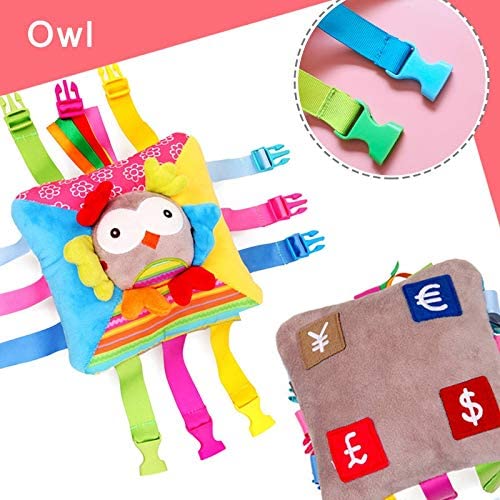 Sensory Pillow Toys for Toddlers， Activity Learning Fine Motor Skill Travel Toy with Buckle for Baby Kid Children Built-in Bell Plush Counting Numbers Buckles (Owl-Crinkle Paper)