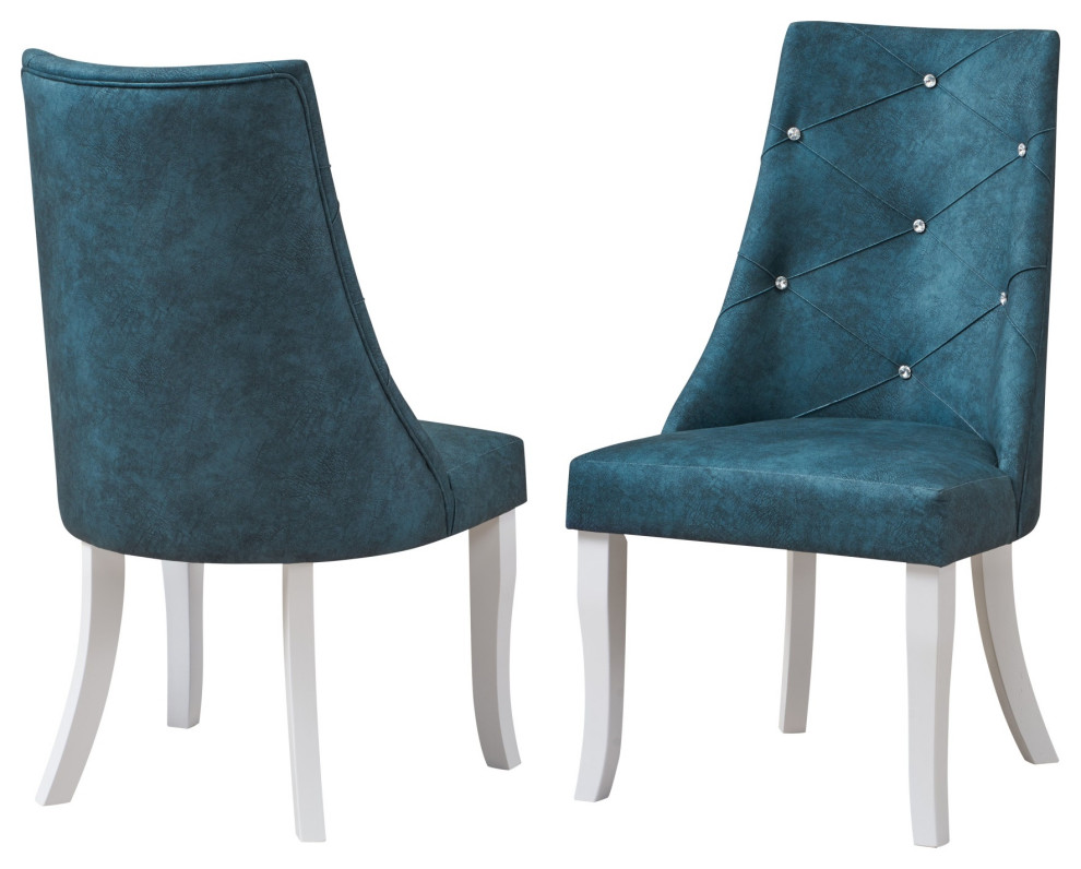 Benoit Crystal Tufted Dining Side Chairs  Blue Fabric and White Wood  Set of 2   Transitional   Dining Chairs   by Homesquare  Houzz