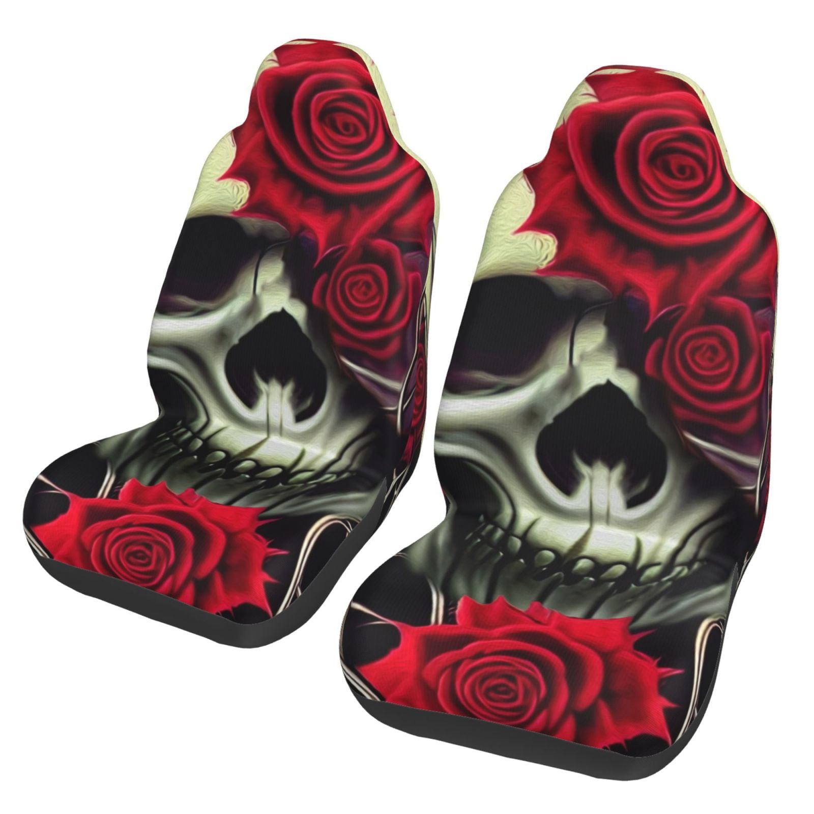 TEQUAN Front Seat Covers， Horror Gothic Death Skull Roses Pattern 2 Piece Car Seat Cover Fit Most Car SUV Truck Van