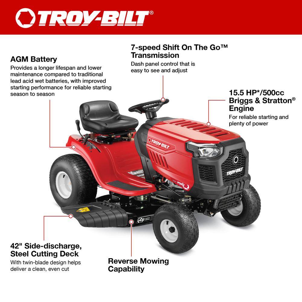 Troy-Bilt Pony 42 in. 15.5 HP Briggs and Stratton Engine 7-Speed Manual Drive Gas Riding Lawn Tractor (CA Compliant) Pony 42 CA