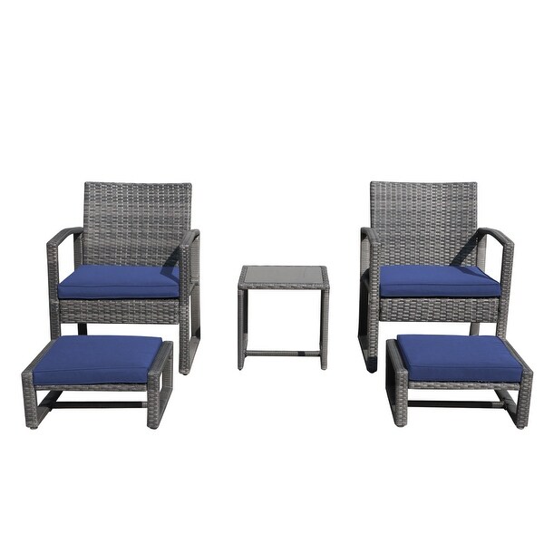 5Piece Patio Wicker Chat Set with Armchairs，Ottomans and Side Table