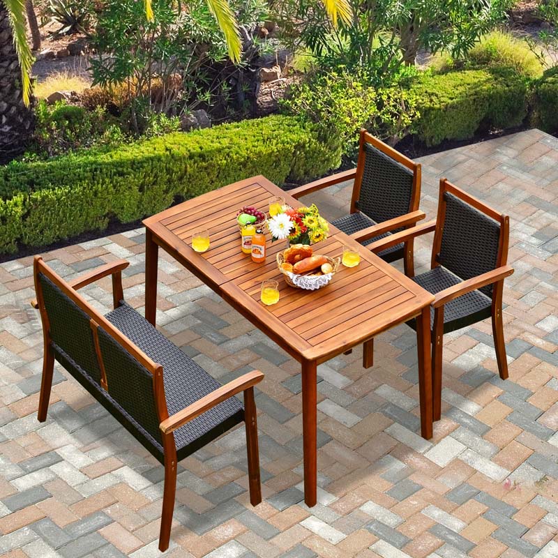 4 Pcs Rattan & Acacia Wood Outdoor Patio Dining Table Set with Loveseat & 2 Armchairs, Umbrella Hole