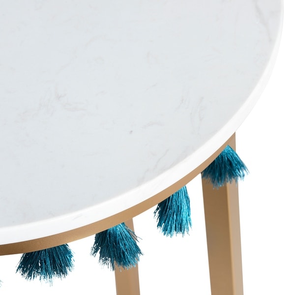 Saffron Marble Table w/Blue Tassels - 16 x 16 x 24