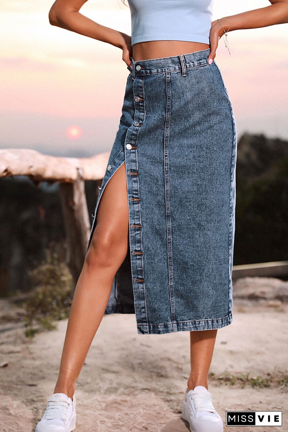 Slit Buttons High Waist Denim Skirt Wholesale