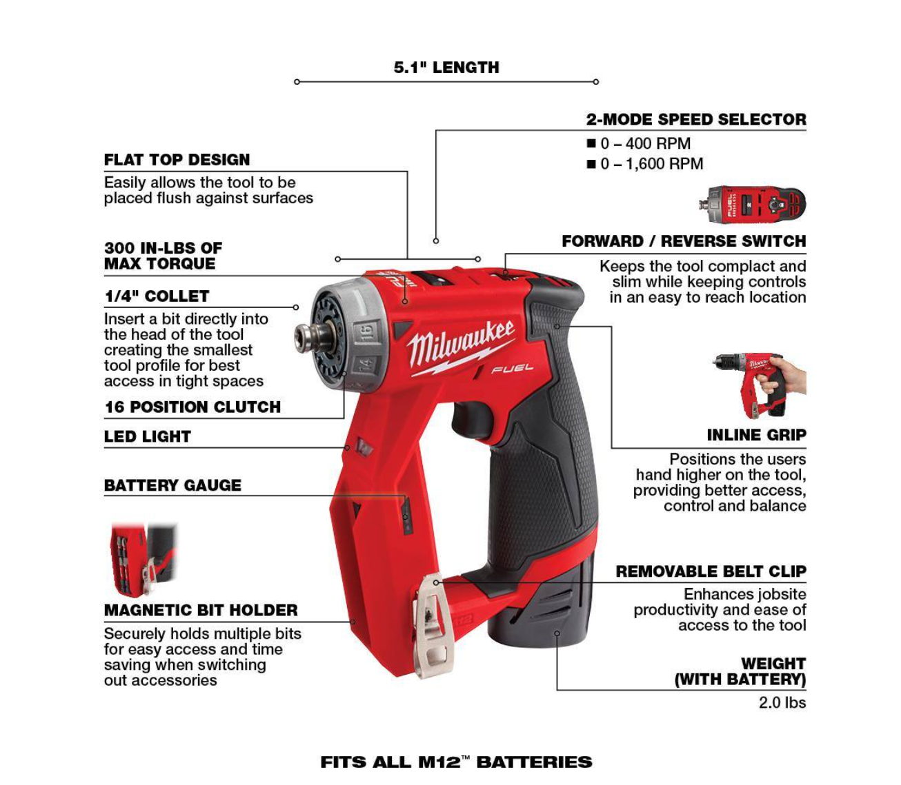 Milwaukee 2505-22-48-11-2420 M12 FUEL 12-Volt Lithium-Ion Brushless Cordless 4-in-1 Installation 3/8 in. Drill Driver Kit W/ Bonus 2.0Ah Battery