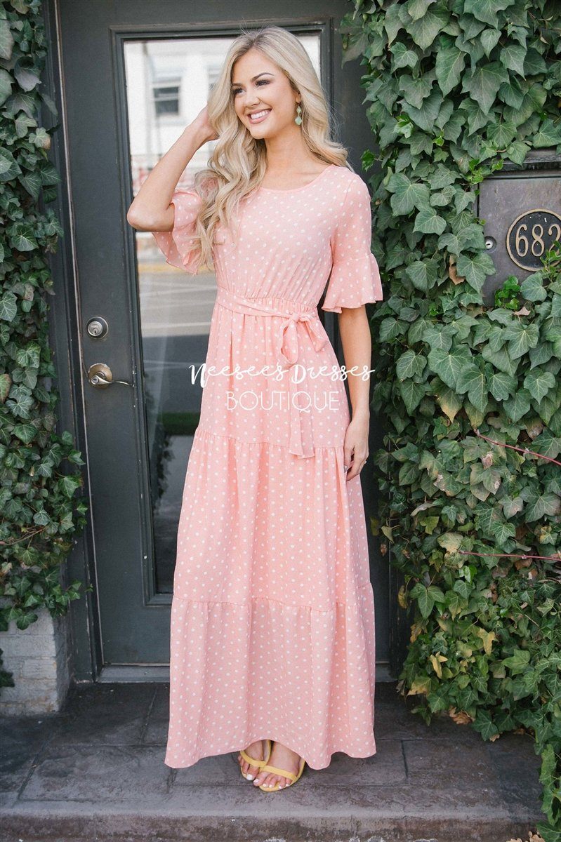 Polka Dot Flutter Sleeve Tiered Maxi Dress