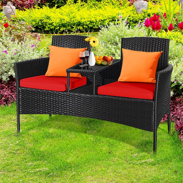 Tangkula Outdoor Rattan Furniture Wicker Patio Conversation Chair W cushion Red