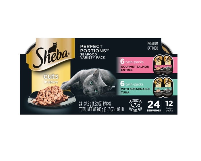 SHEBA Wet Cat Food Cuts in Gravy Variety Pack， With Sustainable Tuna and Gourmet Salmon Entree， 2.6 oz. Cans， 12 Count