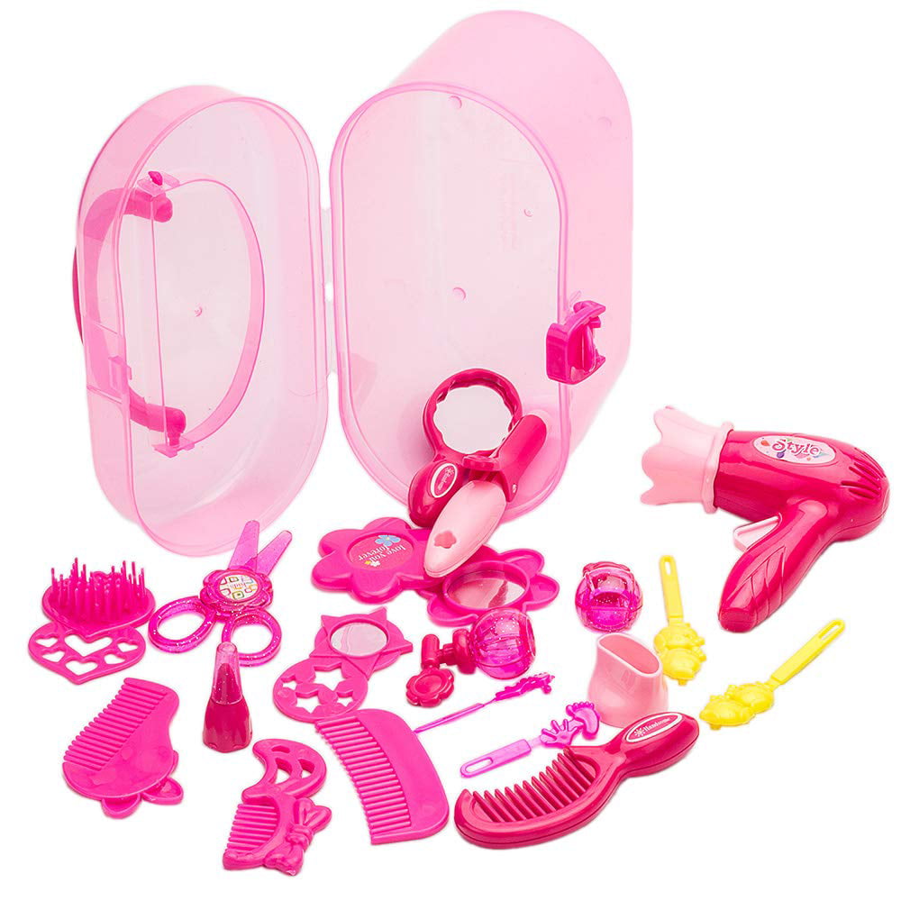 Kids Beauty Salon Set Toys Little Girl Makeup Kit Pretend Play Hair Station with Case， Hairdryer， Brush，Mirror and Styling(17pcs) Toy for little girl 1 2 3 4 Years Old