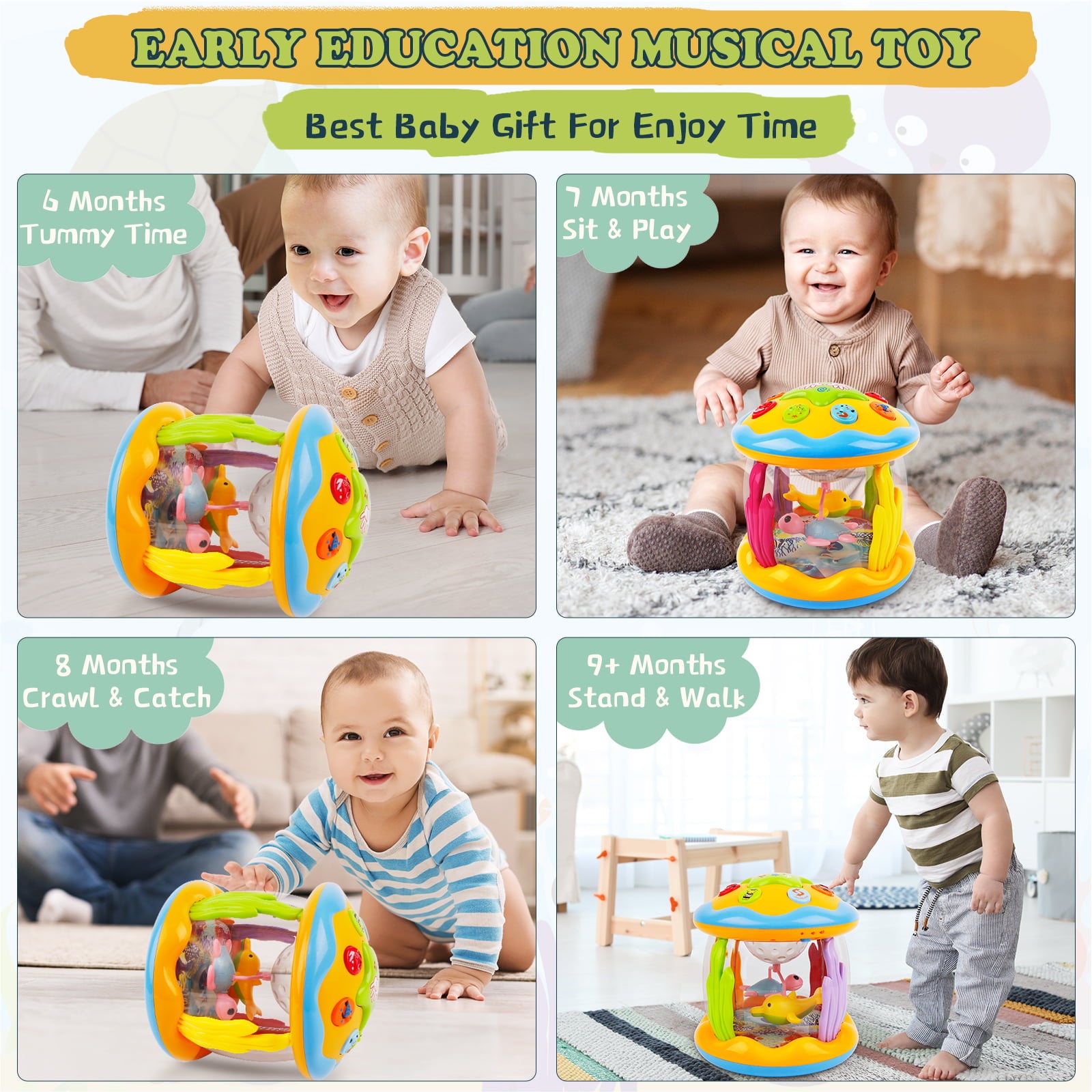 Zmoon Baby Toys 6-12 Months，Educational Learning Toys Rotating Projector Drum with Melodies ， Musical Light up Toys for Toddlers 1 2 3 Year Old Boys Girls