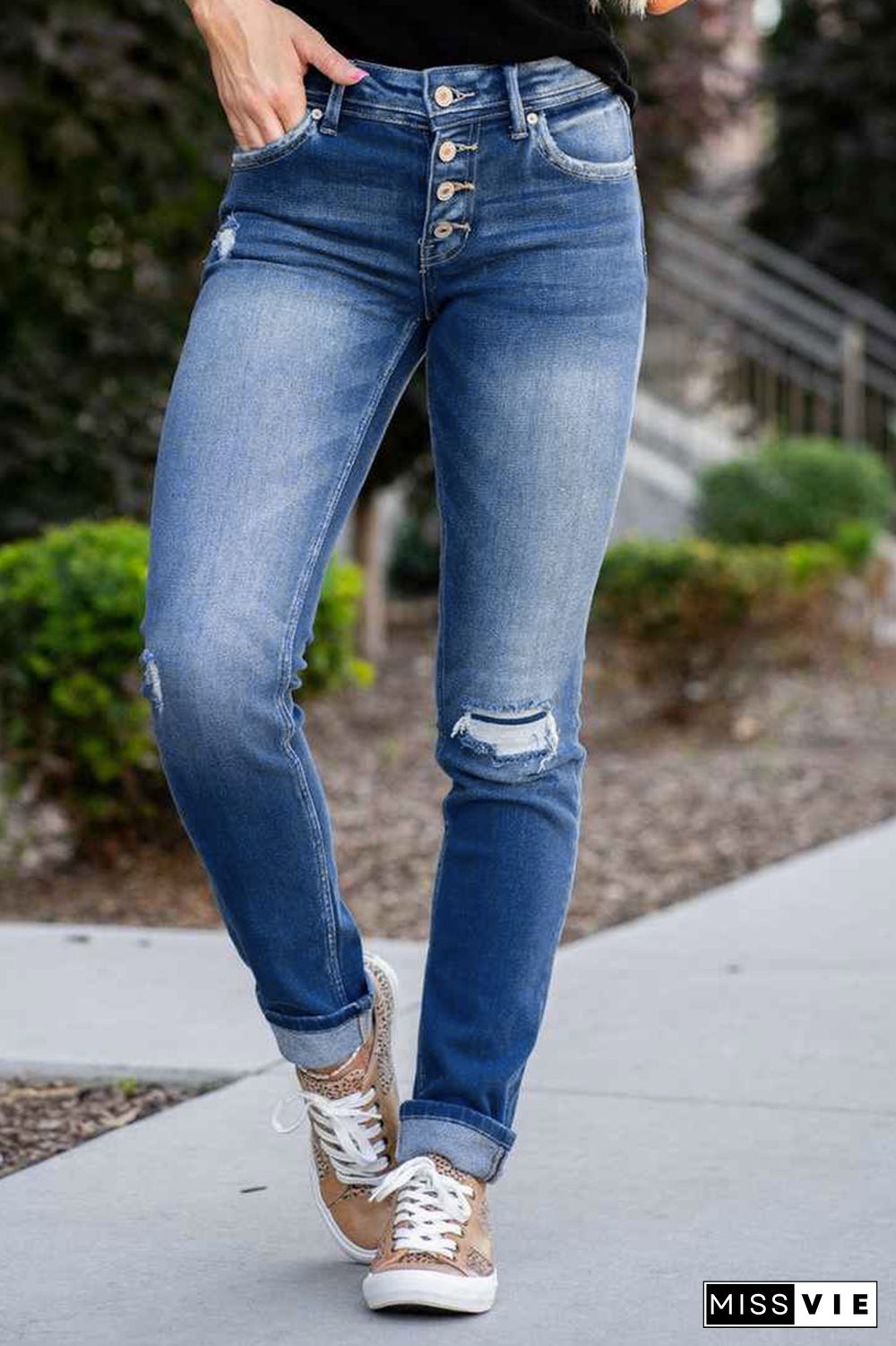 Mid Waist Button Skinny Leg Jeans