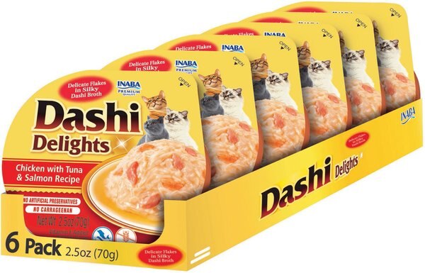 Inaba Dashi Delights Chicken with Tuna and Salmon Flavored Bits in Broth Cat Food Topping