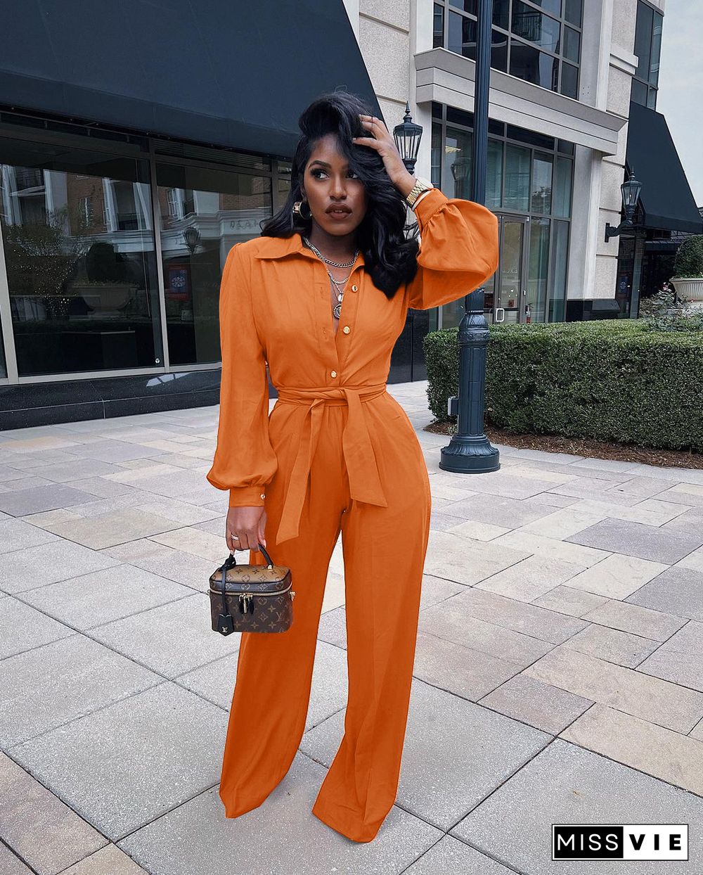 Solid Turn Down Collar Wide Leg Jumpsuit With Belt