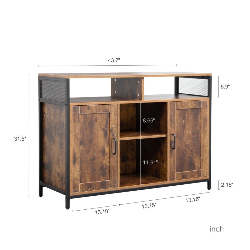 Industrial Style Storage Cabinet  Kitchen Buffet Sideboard with Open Shelves for Dining Room Living Room  Rustic Brown