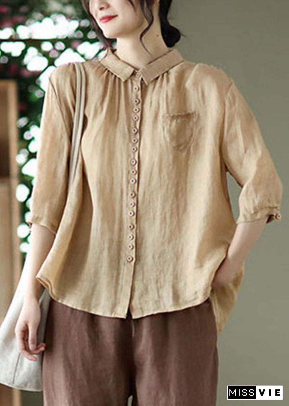 Casual Khaki Solid Button Pockets Linen Shirt Tops Half Sleeve